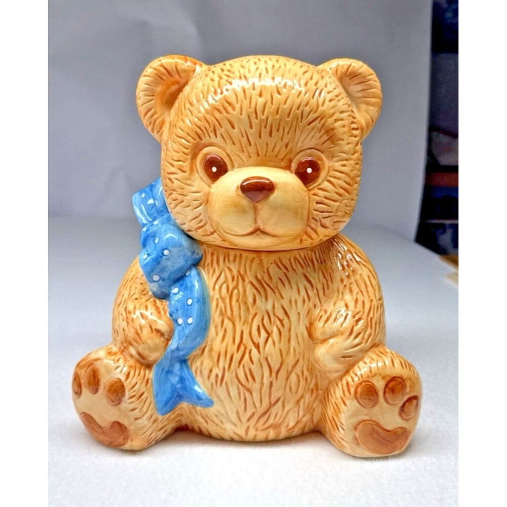 Teddy Bear Cookie Jar Ceramic Blue Bow Nursery Kitchen Storage Canister Vintage